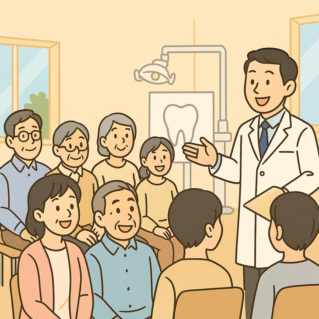 インプラント説明会で歯科医師の話を聞くシニア世代の患者たち