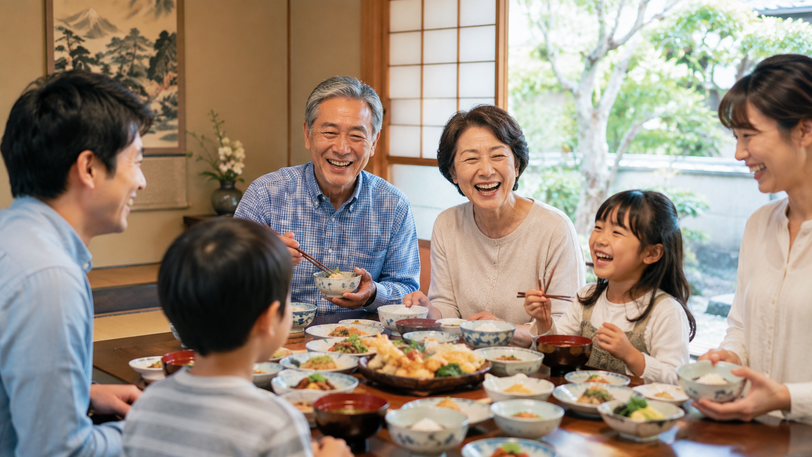 インプラントで笑顔の食事を楽しむ家族 神戸市シニア歯科