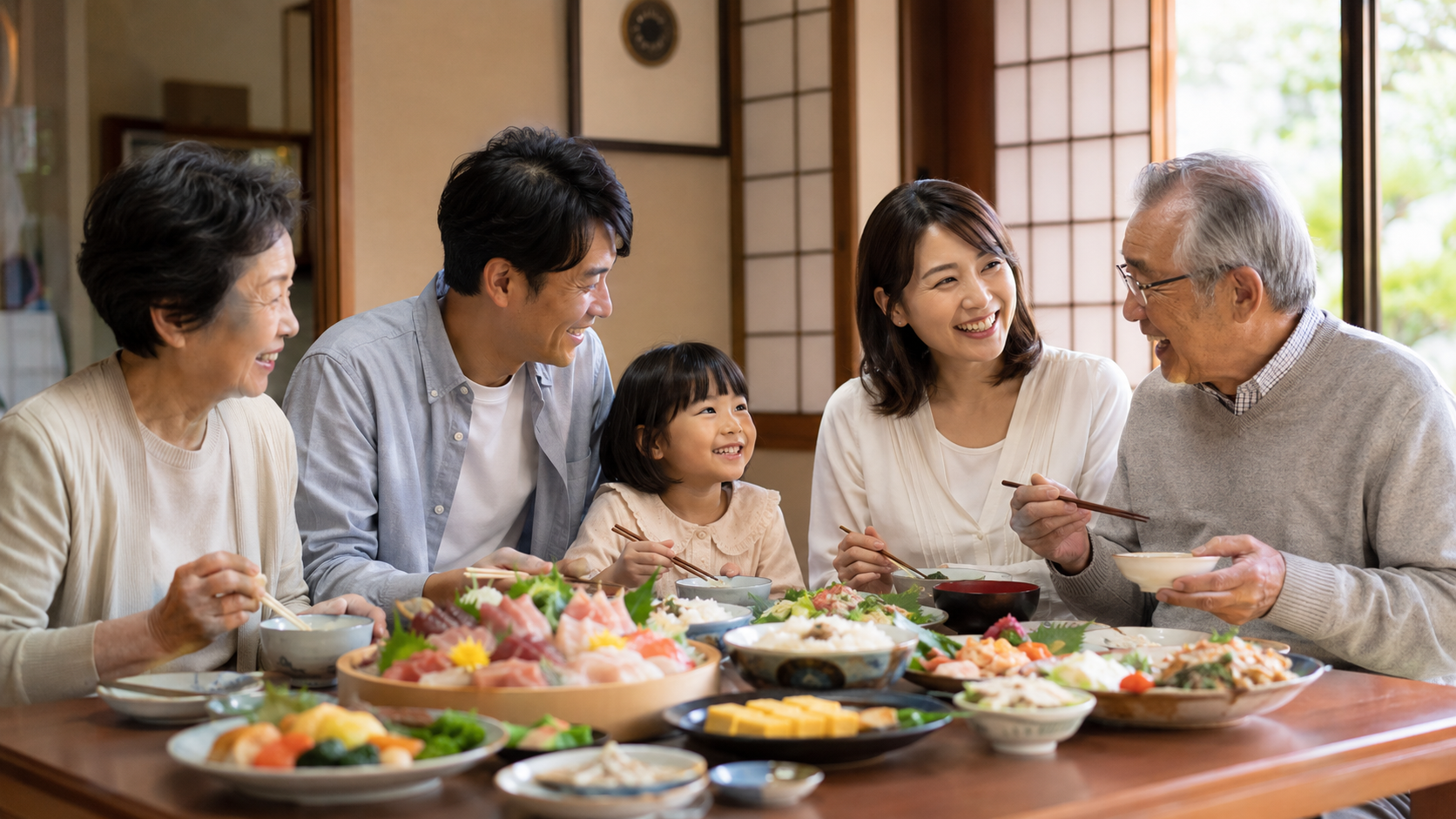 家族と食事を楽しむシニア 神戸市 インプラント治療後