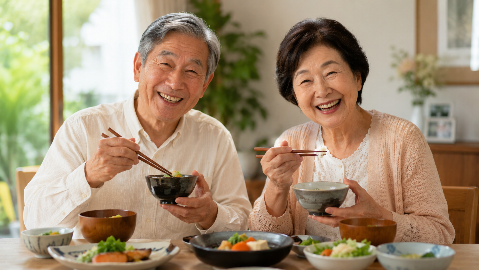 入れ歯の違和感解消後 食事を楽しむシニア 神戸市シニア歯科