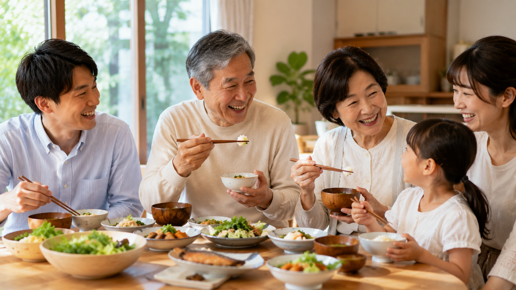 食事を楽しむ健康的な60代 家族団らん 神戸市シニア歯科